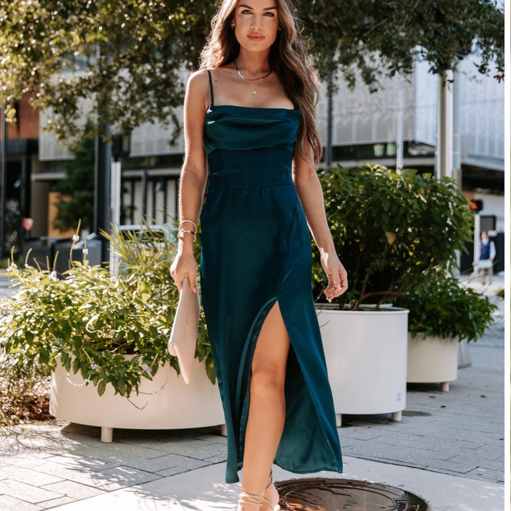 COPY - VICI Simply Breathtaking Satin Cowl Neck Midi Dress - Hunter Green